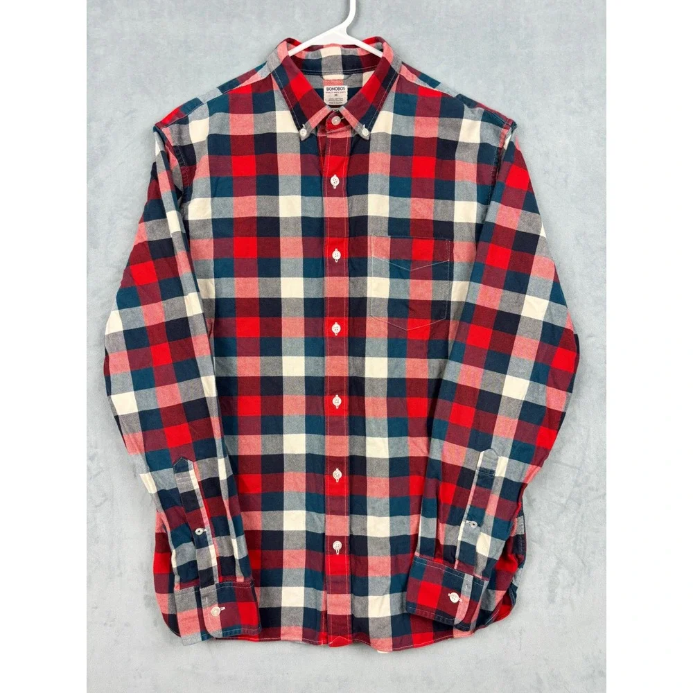 Bonobos Mens M Standard Fit Red Blue Plaid Washed Oxford Button Down Shirt